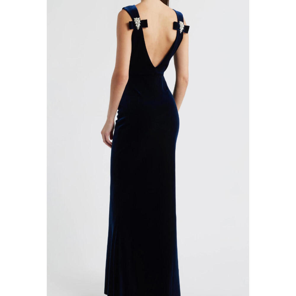 NEW CHIARA BONI La Petite Robe Nima Embellished Velvet Gown Navy Sz 50 #3065